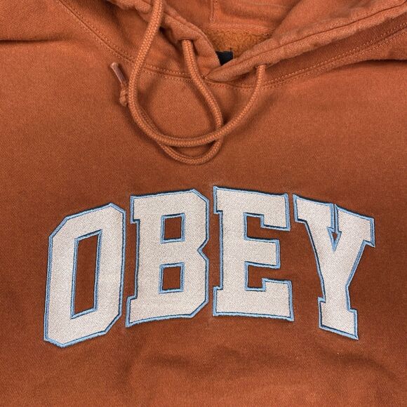 VTG Obey Hoodie Orange Y2K Logo Print Casual Skateboard Pullover Size Large - Picture 5 of 6